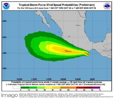 October 4, 2017 - Mexico - A new tropical storm has formed off the southern Pacific coast of Mexico. The U.S. National Hurricane Center says Tropical Storm Ramon is expected to move parallel to the coast over the next day or so, bringing heavy rain to the region, though it s not projected to reach hurricane force. The storm had maximum sustained winds of 45 mph (75 kph) early Wednesday and it was centered about 100 miles (165 kilometers) south-southeast of Puerto Angel. It was moving west at 9 mph (15 kph). Mexico  - ZUMA 20171004_shz_z03_181 Copyright: xNOAAx