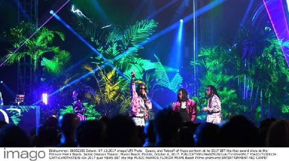 Quavo, and Takeoff of Migos perform at he 2017 BET Hip Hop award show at the Fillmore Miami Beach, Jackie Gleason Theater, Miami Beach, Florida, October 6, 2017.  MIA20171006134 GARYxIxROTHSTEIN