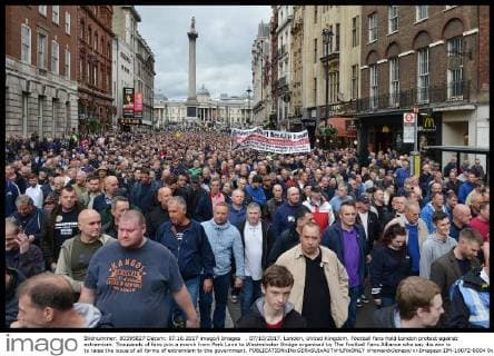 . 07 10 2017. London, United Kingdom. Football fans hold London protest against extremism. Thousands of fans join a march from Park Lane to Westminster Bridge organised by The Football Fans Alliance who say itis aim is to raise the issue of all forms of extremism to the government.  xHowardxJonesx xi-Imagesx IIM-16072-0004