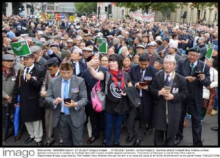 . 07 10 2017. London, United Kingdom. Gurkhas attend Football Fans Alliance protest against extremism in London as Football fans hold London protest against extremism. Thousands of fans join a march from Park Lane to Westminster Bridge organised by The Football Fans Alliance who say itis aim is to raise the issue of all forms of extremism to the government.  xHowardxJonesx xi-Imagesx IIM-16072-0007