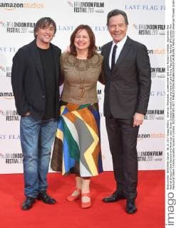American filmmaker, screenwriter and actor Richard Linklater, Australian film festival director Clare Stewart and American actor Bryan Cranston attend the premiere of Last Flying Flag during the 61st BFI London Film Festival at Odeon Cinema Leicester Square in London. OCTOBER 8th 2017  RHDx172370