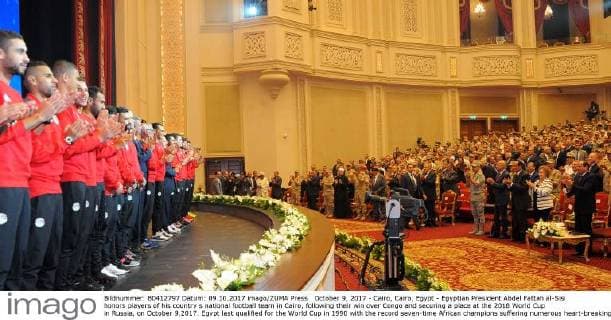 October 9, 2017 - Cairo, Cairo, Egypt - Egyptian President Abdel Fattah al-Sisi honors players of his country s national football team in Cairo, following their win over Congo and securing a place at the 2018 World Cup in Russia, on October 9,2017. Egypt last qualified for the World Cup in 1990 with the record seven-time African champions suffering numerous heart-breaking failures since Cairo Egypt - ZUMAap3_ 20171009_zaf_ap3_106 Copyright: xEgyptianxPresidentxOfficex