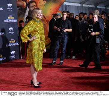 Cast member Cate Blanchett attends the premiere of the sci-fi motion picture Thor: Ragnarok at the El Capitan Theatre in the Hollywood section of Los Angeles on October 10, 2017. Storyline: Thor is imprisoned on the other side of the universe and finds himself in a race against time to get back to Asgard to stop Ragnarok, the destruction of his homeworld and the end of Asgardian civilization, at the hands of an all-powerful new threat, the ruthless Hela.  LAP2017101032 JIMxRUYMEN