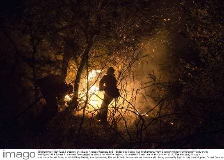 IMAGO Nature: Unsere Erde, Klimawandel, Waldbrände Bilder des Tages Two firefighters, from Spanish military emergency unit, try to extinguish the flames in a forest fire started in Vilamarin, Galicia region, nortwestern Spain, early 14 October 2017. The alarming drought and some forest fires, which hitting Galicia, are concerning the public with temperatures that are still being unusually high in this time of year. Forest fires in northwestern Spain !ACHTUNG: NUR REDAKTIONELLE NUTZUNG!  Copyright: xBraisxLorenzox 20171014-636435800361377401
