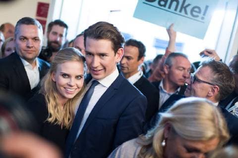 Wien 15 .10.2017, Huebner Kursalon, Wien, AUT, OeVP Wahlfeier zur Nationalratswahl 2017, im Bild OeVP Bundesparteiobmann und Spitzenkandidat fuer die Nationalratswahl Sebastian Kurz mit seiner Freundin Susanne Thier Austrian Foreign Minister Sebastian Kurz with his Girlfriend Susanne Thier celebrate his Victory due to Austrian general elections 2017 in Vienna, Austria on 2017 10 15, *** Vienna 15 10 2017 Huebner Kursalon Vienna AUT OEVP Election celebration to National Council election 2017 in Picture OEVP Federal Party Chairman and Top candidate for the National Council election Sebastian short with his Girlfriend Susanne Their Austrian Foreign Ministers Sebastian short With His Girlfriend Susanne Their Celebrate His Victory Due to Austrian General Elections 2017 in Vienna Austria ON 2017 10 15  EP_gru 