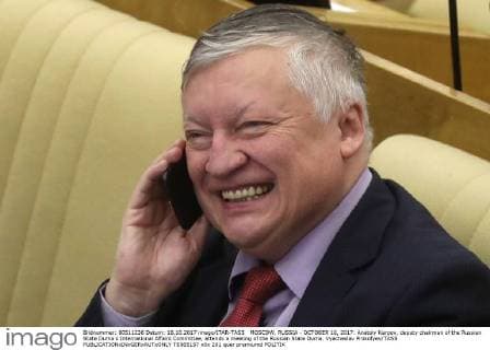 MOSCOW, RUSSIA - OCTOBER 18, 2017: Anatoly Karpov, deputy chairman of the Russian State Duma s International Affairs Committee, attends a meeting of the Russian State Duma. Vyacheslav Prokofyev TASS  TS065157