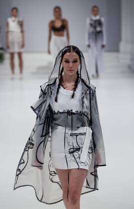 October 15, 2017 - Budapest, Hungary - Model displays a creation by Hungarian designer Illuxtrat - MeszoÂ¡ros Lucia during Mercedes-Benz Fashion Week Central Europe on Oct 15, 2017 at Museum of Applied Arts in Budapest, Hungary. Budapest Hungary  - ZUMAn230 20171015_zaa_n230_529 Copyright: xRobertxSzaniszlox