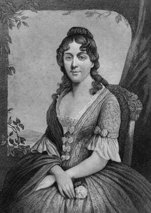 Martha Jefferson, seated portrait, steel plate engraving featuring wife of Thomas Jefferson and First Lady of the United States Martha Jefferson holding a rose, her arms crossed on her lap, with a sedate facial expression, a window with ivy in the background, 1775. 1023_05_64255final