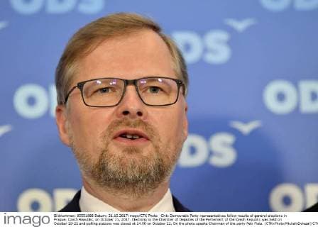 Civic Democratic Party representatives follow results of general elections in Prague, Czech Republic, on October 21, 2017. Elections to the Chamber of Deputies of the Parliament of the Czech Republic was held on October 20-21 and polling stations was closed at 14.00 on October 21. On the photo speaks Chairman of the party Petr Fiala. (CTKxPhoto MichalxDolezal) CTKPhotoP201710210677201  _DOL5002