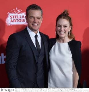 Cast members Matt Damon and Julianne Moore attend the premiere of the motion picture crime thriller Suburbicon at the Regency Village Theatre in the Westwood section of Los Angeles on October 22, 2017. Storyline: Suburbicon is a peaceful, idyllic suburban community with affordable homes and manicured lawnsÉthe perfect place to raise a family, and in the summer of 1959, the Lodge family is doing just that. But the tranquil surface masks a disturbing reality, as husband and father Gardner Lodge (Matt.Damon) must navigate the townÕs dark underbelly of betrayal, deceit, and violence. This is a tale of.very flawed people making very bad choices. This is Suburbicon.  LAP2017102240 JIMxRUYMEN