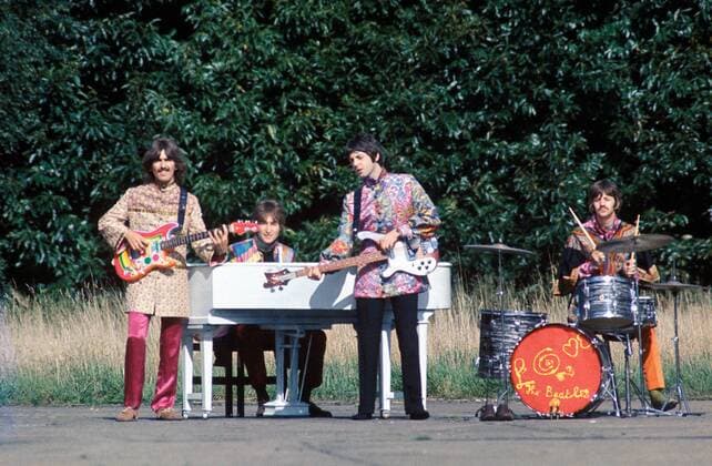 Paul McCartney, John Lennon, George Harrison and Ringo Starr (The Beatles) perform Your Mother Should Know for the Magical Mystery Tour film finale at West Malling Air Station, Kent, England, September 24, 1967. New Line Cinema Apple Films Ltd. Hollywood CA USA  33371_692THA