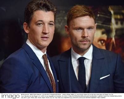 Actors Miles Teller (L) and Scott Haze arrive for the premiere of Thank You for Your Service at the Regal L.A. LIVE in Los Angeles on October 23, 2017.  LAP20171023722 CHRISTINExCHEW