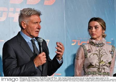 Actor Harrison Ford(L) and actress Ana de Armas attend the Japan premier for the film Blade Runner 2049 in Tokyo, Japan on October 24, 2017.  TKP2017102425 KEIZOxMORI