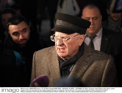 MOSCOW, RUSSIA - OCTOBER 24, 2017: Russian Liberal Democratic Party Leader Vladimir Zhirinovsky talks to the media outside the Karo 11 Oktyabr cinema ahead of the premiere of Alexei Uchitel s latest film Matilda. Mikhail Pochuyev TASS  TS0665D1