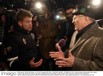 MOSCOW, RUSSIA - OCTOBER 24, 2017: Russian Liberal Democratic Party Leader Vladimir Zhirinovsky (R) talks to the media outside the Karo 11 Oktyabr cinema ahead of the premiere of Alexei Uchitel s latest film Matilda. Mikhail Pochuyev TASS  TS0665D2