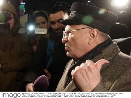 MOSCOW, RUSSIA - OCTOBER 24, 2017: Russian Liberal Democratic Party Leader Vladimir Zhirinovsky talks to the media outside the Karo 11 Oktyabr cinema ahead of the premiere of Alexei Uchitel s latest film Matilda. Mikhail Pochuyev TASS  TS0665D3