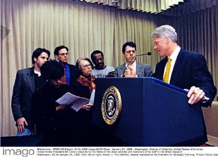 January 24, 1998 - Washington, District of Columbia, United States of America - United States President Bill Clinton prepares for his State of the Union address with members of his staff in the White House in Washington, DC on January 24, 1998. From left to right: Antony J. Tony Blinken, Special Assistant to the President for Strategic Planning; Minyon Moore, Deputy Assistant to the President and Deputy Director of Political Affairs; Sidney Blumenthal, Assistant to the President; Ann Lewis; Assistant to the President and Director of Communications; Bob J. Nash, Assistant to the President and Director of Presidential Personnel; Michael A. Waldman, Assistant to the President and Director of Speechwriting; President Clinton...Mandatory Credit: White House via CNP Washington United States of America - ZUMAs152 19980124_zaa_s152_001 Copyright: xBarbaraxKinneyx