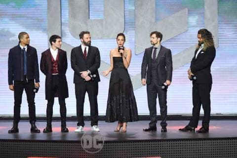 (From left) American stage actor Ray Fisher, actor and singer Ezra Miller, actor and director Ben Affleck, Israeli actress and model Gal Gadot, British actor Henry Cavill, and American actor and model Jason Momoa attend a press conference for the movie Justice League in Beijing, China, 26 October 2017. Gal Gadot, Ben Affleck, and Henry Cavill team up to endorse film Justice League in Beijing  pbu701229_13
