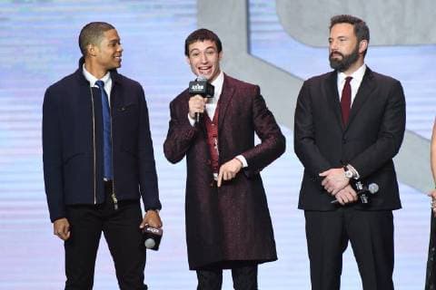 (From left) American stage actor Ray Fisher, actor and singer Ezra Miller, and actor and director Ben Affleck attend a press conference for the movie Justice League in Beijing, China, 26 October 2017. Gal Gadot, Ben Affleck, and Henry Cavill team up to endorse film Justice League in Beijing  pbu701229_16