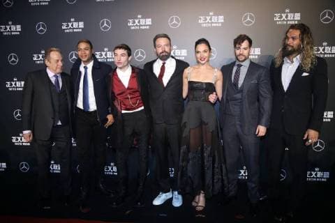 BEIJING, CHINA - OCTOBER 26: (L - R) Producer Charles Roven, actors Ray Fisher, Ezra Miller, Ben Affleck, Gal Gadot, Henry Cavill and Jason Momoa attend Justice League premiere at 798 Art Zone on October 26, 2017 in Beijing, China.  Copyright: xVCGx CFP111130869990