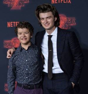 Cast members Joe Keery (LR and Gaten Matarazzo attend the premiere of Netflix s Stranger Things Season 2 at the Regency Bruin Theatre in Los Angeles on October 26, 2017. Storyline: When a young boy disappears, his mother, a police chief, and his friends must confront terrifying forces in order to get him back.  LAP2017102637 JIMxRUYMEN