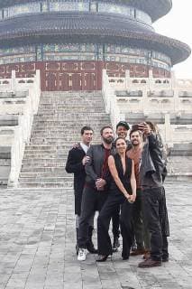 (From left) American actor and singer Ezra Miller, actor and director Ben Affleck, stage actor Ray Fisher, Israeli actress and model Gal Gadot, British actor Henry Cavill, and American actor and model Jason Momoa take selfies as they visit the Temple of Heaven in heavy smog in Beijing, China, 27 October 2017. Gal Gadot leads co-stars of movie Justice League to visit Temple of Heaven in heavy smog in Beijing  pbu701405_15