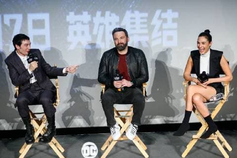 BEIJING, CHINA - OCTOBER 27: (L-R) American actor Ezra Miller, American actor Ben Affleck and Israeli actress and model Gal Gadot attend the fans meeting of film Justice League on October 27, 2017 in Beijing, China.  Copyright: xVCGx CFP111130964090