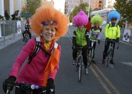 October 29, 2017 - U.S. - ASEC -- Yvonne Sanchez, Rita Gonzales, Vivian Kammler and Steve Margulin, from left, all of Albuquerque dress as Trolls for the Day of the Tread bike ride at the Civic Plaza on Sunday, October 29, 2017. U.S. - ZUMAab1_ 20171029_zaf_ab1_001 Copyright: xGregxSorberx