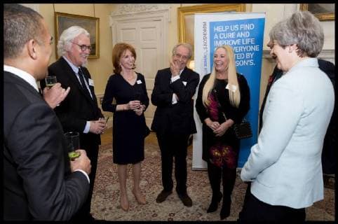 . 30 10 2017. London, United Kingdom. 200 years since Dr James Parkinson s Essay on the Shaking Palsy.. The Prime Minister Theresa May, hosting a reception at 10 Downing Street, marking 200 years since Dr James Parkinson s Essay on the Shaking Palsy. Theresa May with Adil Ray, Billy Connolly, Jane Asher, Gerald Scarfe and Pamela Stephenson.  xi-Imagesx xPoolx IIM-16259-0006