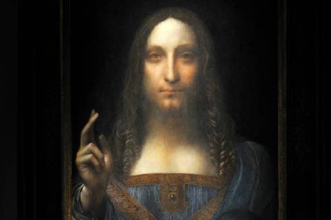 Leonardo da Vinci s Salvator Mundi painting is on display at a press preview at Christie s in New York City on November 3, 2017. LeonardoÕs Salvator Mundi, one of fewer than 20 surviving paintings accepted as from the artistÕs own hand, has caused a worldwide media sensation and will be auctioned off at an estimated price of 100 Million dollars next week in New York.  NYP20171103102 DENNIVxVANxTINE