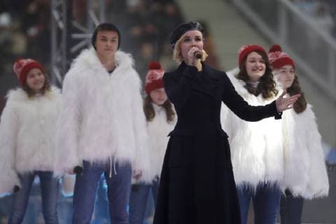 MOSCOW, RUSSIA - NOVEMBER 4, 2017: Singer Polina Gagarina (C) performs at a concert titled Russia Unites! marking Russia s National Unity Day at Moscow s Luzhniki Stadium. Mikhail Japaridze TASS  TS067D12