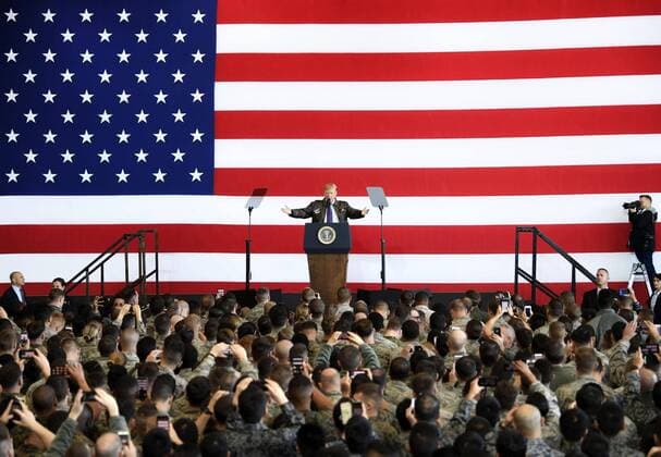 Trump speech at Yokota Air Base in Japan U.S. President Donald Trump speaks before a crowd at U.S. Yokota Air Base in the suburbs of Tokyo on Nov. 5, 2017, after arriving in Japan for the first time since his inauguration in January. Trump will stay in Japan until Nov. 8 to discuss regional security and other issues with Prime Minister Shinzo Abe. 
