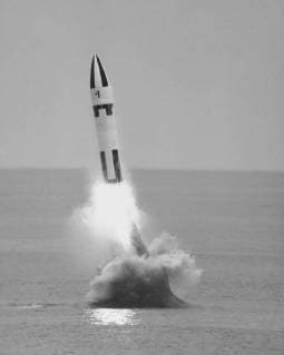 Underwater firing of the Polaris A3 missile by a submarine. circa 1960  Copyright: StocktrekxImages STK500664A