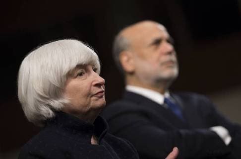 Federal Reserve Chair Janet Yellen and former Chair Ben Bernanke sit next to each other prior to both be awarded the Paul H. Douglas Award for Ethics in Government during a ceremony on Capitol Hill in Washington, D.C. on November 7, 2017. The award, presented by the University of Illinois, highlights individuals who embody strong ethical behavior.  WAP20171107334 KEVINxDIETSCH