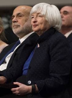 Federal Reserve Chair Janet Yellen and former Chair Ben Bernanke sit next to each other prior to both be awarded the Paul H. Douglas Award for Ethics in Government during a ceremony on Capitol Hill in Washington, D.C. on November 7, 2017. The award, presented by the University of Illinois, highlights individuals who embody strong ethical behavior.  WAP20171107339 KEVINxDIETSCH