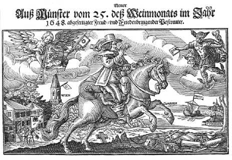 PLANETS - MERCURY Personification of Mercury as the bringer of peaced: the god is depicted at top right, bearing a seal package, marked Pax, and carrying his caduceus. Woodcut broadsheet announcing the Treaty of Munster, of 1648, by which Spain recognized the independence of the United Provinces. The year also saw the end of the Thirty Years War, at the Peace of Westphalia. Broadsheet of 1648. Copyright: Topfoto  !ACHTUNG AUFNAHMEDATUM GESCHÄTZT! UnitedArchives0575423