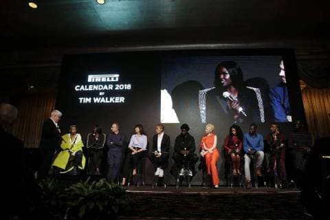 Models speak on the stage at The Pirelli 2018 Calendar by Tim Walker Press Conference on November 10, 2017 in New York City. The Pirelli 2018 Calendar was shot by iconic photographer Tim Walker through the fantastical lense of Lewis Carroll s Alice s Adventures in Wonderland.  NYP20171110128 JOHNxANGELILLO