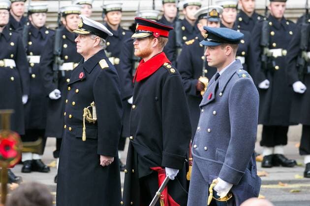 . 12 11 2017. London, United Kingdom. Remembrance Service At The Cenotaph. Pictured: Prince Andrew, Prince Harry and Prince William (l to r). Members of Royal Family, senior politicians, including the British Prime Minister and representatives from the armed forces attend the annual Remembrance Sunday Service at the Cenotaph on Whitehall to pay tribute to those who have suffered or died at war.  xDinendraxHariax xi-Imagesx IIM-16365-0017