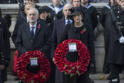 . 12 11 2017. London, United Kingdom. Remembrance Sunday, Centoaph. The Prime Minister Theresa May and Jeremy Corbyn join HM Queen Elizabeth for Remembrance Sunday at the Cenotaph, London.  xi-Imagesx IIM-16367-0004