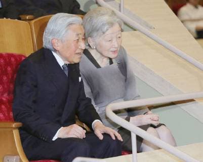Emperor and empress at piano concert Emperor Akihito (L) and Empress Michiko are pictured during a piano concert by Nobuyuki Tsujii in Tokyo on Nov. 13, 2017. (Pool photo) 