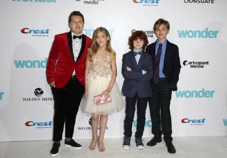 WESTWOOD CA NOVEMBER 14 Noah Jupe Ty Consiglio James Hughes Elle McKinnon Kyle Breitkopf at Premiere Of Lionsgate s Wonder on November 14 2017 at the Regency Village Theatre in Westwood California Copyright: xFayexSadoux