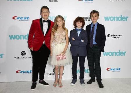 WESTWOOD CA NOVEMBER 14 Noah Jupe Ty Consiglio James Hughes Elle McKinnon Kyle Breitkopf at Premiere Of Lionsgate s Wonder on November 14 2017 at the Regency Village Theatre in Westwood California Copyright: xFayexSadoux