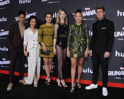 November 16, 2017 - Westwood, CA, U.S. - 16 November 2017 - Westwood, California - Rhenzy Feliz, Lyrica Okano, Ariela Barer, Virginia Gardner, Allegra Acosta, Gregg Sulkin. Premiere Of Hulu s Marvel s Runaways held at Regency Village Theater in Westwood. Photo Credit: AdMedia Westwood U.S. - ZUMAa123 20171116_zaa_a123_396 Copyright: xBirdiexThompsonx