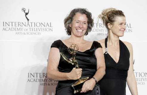 Beatrice Kramm and Lucia Haslauer of the Short Form Series award for The Braun Family hold an award at the 45th International Emmy Awards at the New York Hilton in New York City on November 20, 2017.  NYP20171120176 JOHNxANGELILLO
