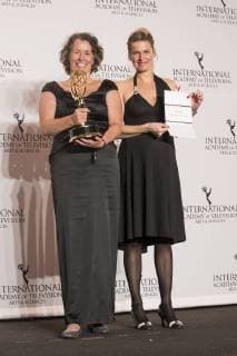 USA: 2017 International Emmy Awards Beatrice Kramm, Lucia Haslauer winner short form series pose on stage at press room for 2017 Internation Emmy Awards at Hilton Hotel New York New York United States Hilton Hotel  LevxRadin