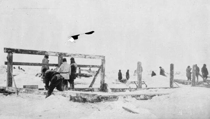 SS Chelyuskin , a Soviet steamship sent out on an expedition to navigate through polar ice along the Northern Maritime Route from Murmansk to Vladivostok , has became ice-bound in Arctic waters during navigation . It was caught in the ice fields in September. After that it drifted in the ice pack before sinking on February 13 , 1934, crushed by the icepacks near Kolyuchin Island in the Chukchi Sea . The crew managed to escape onto the ice and built a makeshift airstrip using only a few spades , ice shovels and two crowbars , which helped in the rescue of the crew . Fifty three men walked over the ice with stores on husky sleds . Photo shows ; Members of the expedition building huts on the ice . 24 March 1934, Russia Federation Copyright: Topfoto  UnitedArchivesEU038088