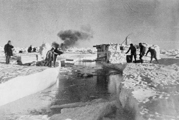 SS Chelyuskin , a Soviet steamship sent out on an expedition to navigate through polar ice along the Northern Maritime Route from Murmansk to Vladivostok , has became ice-bound in Arctic waters during navigation . It was caught in the ice fields in September. After that it drifted in the ice pack before sinking on February 13 , 1934, crushed by the icepacks near Kolyuchin Island in the Chukchi Sea . The crew managed to escape onto the ice and built a makeshift airstrip using only a few spades , ice shovels and two crowbars , which helped in the rescue of the crew . Fifty three men walked over the ice with stores on husky sleds . Photo shows ; Members of the expedition trying to stop the drifting ice breaking up Schmidt s camp 24 March 1934, Russia Federation Copyright: Topfoto  UnitedArchivesEU038089