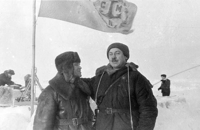 First, an exclusive pictures of the rescue of the North Pole expedition from their ice floe. These pictures, which had just arrived in London, the first (and exclusive) pictures of the rescue of the four Russian scientists and their dog, Jolly, from the small ice floe after they had drifted for nine months from the North Pole towards the coast of Greenland. The scientists, Ivan Papanin (leader), Ernest Krenkel (radio operator), Pyotr Shirshov (Marine biologist), Eugene Federov (astronomer), were taken from the ice camp by the Soviet icebreakers Taimir and Murman as the ice was crumbling beneath them and they were in grave danger. The first to reach the camp was Gennady Vlasov, the airman of the rescue expedition, who landed his plane on the ice. As these pictures show, the scientists seem to be in excellent physical condition and  UnitedArchivesEU052930