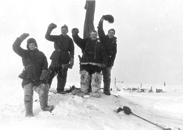 First, an exclusive pictures of the rescue of the North Pole expedition from their ice floe. These pictures, which had just arrived in London, the first (and exclusive) pictures of the rescue of the four Russian scientists and their dog, Jolly, from the small ice floe after they had drifted for nine months from the North Pole towards the coast of Greenland. The scientists, Ivan Papanin (leader), Ernest Krenkel (radio operator), Pyotr Shirshov (Marine biologist), Eugene Federov (astronomer), were taken from the ice camp by the Soviet icebreakers Taimir and Murman as the ice was crumbling beneath them and they were in grave danger. The first to reach the camp was Gennady Vlasov, the airman of the rescue expedition, who landed his plane on the ice. As these pictures show, the scientists seem to be in excellent physical condition and  UnitedArchivesEU053064