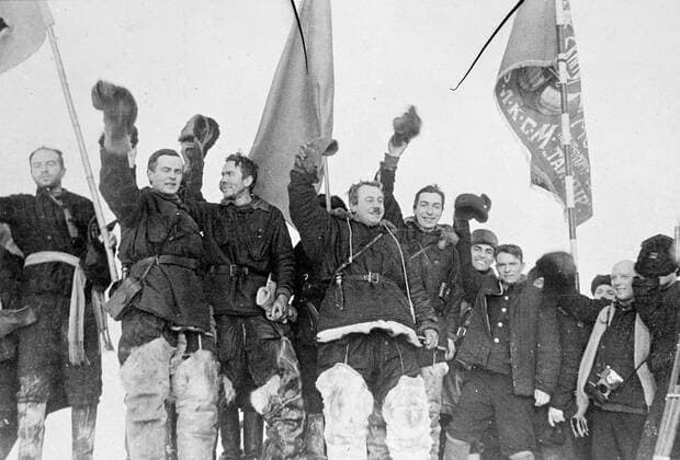 First, an exclusive pictures of the rescue of the North Pole expedition from their ice floe. These pictures, which had just arrived in London, the first (and exclusive) pictures of the rescue of the four Russian scientists and their dog, Jolly, from the small ice floe after they had drifted for nine months from the North Pole towards the coast of Greenland. The scientists, Ivan Papanin (leader), Ernest Krenkel (radio operator), Pyotr Shirshov (Marine biologist), Eugene Federov (astronomer), were taken from the ice camp by the Soviet icebreakers Taimir and Murman as the ice was crumbling beneath them and they were in grave danger. The first to reach the camp was Gennady Vlasov, the airman of the rescue expedition, who landed his plane on the ice. As these pictures show, the scientists seem to be in excellent physical condition and  UnitedArchivesEU053071